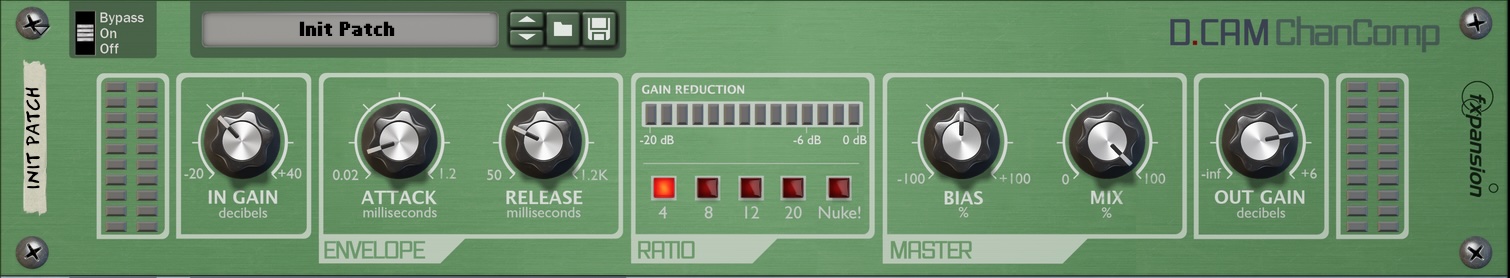 screen capture of the DCAM ChanComp device in the Reason Rack. It's a green device, with controls grouped by thick white borders.